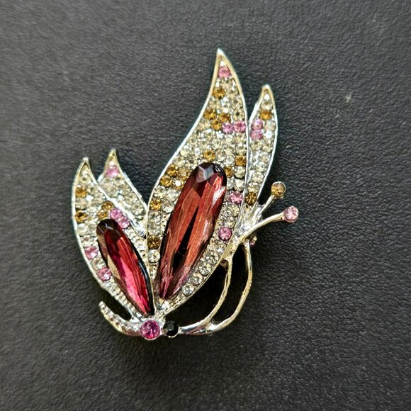 Vintage Rhinestone Butterfly Brooch Pink Amber Crystal Wings Gold Tone Pin 1.5" - Picture 1 of 5